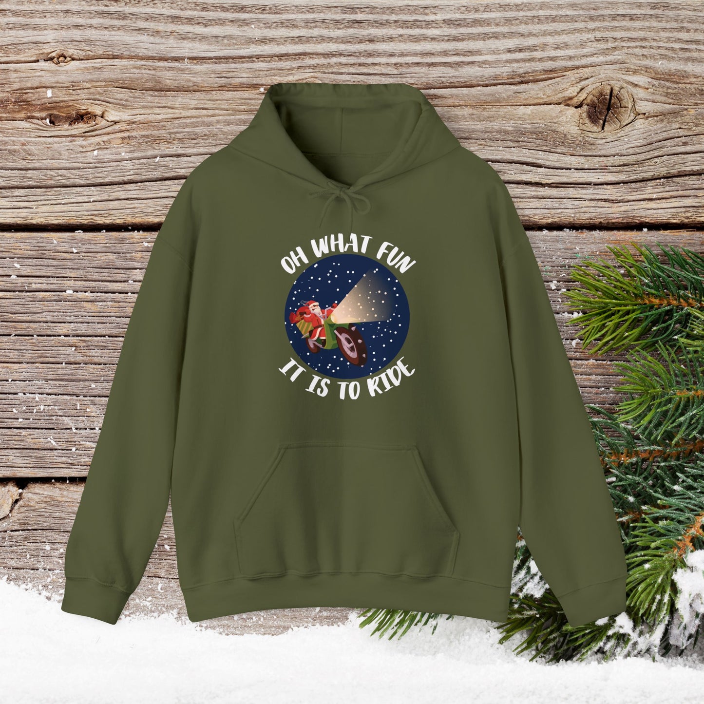 Christmas Hoodie - Oh What Fun It Is To Ride - Mens and Boys Christmas Shirts - Youth and Adult Christmas Hooded Sweatshirt Hooded Sweatshirt Graphic Avenue Military Green Adult Small 