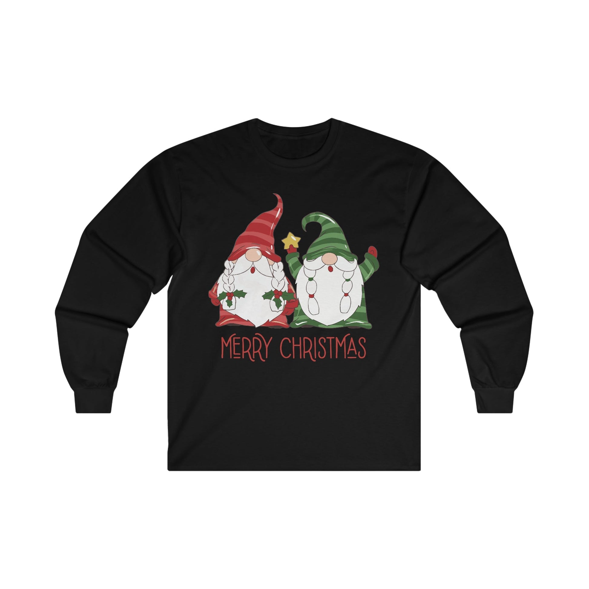 Christmas Long Sleeve T-Shirt - Gnome Merry Christmas - Cute Christmas Shirts - Youth and Adult Christmas Long Sleeve TShirts Long Sleeve T-Shirts Graphic Avenue Black Adult Small 