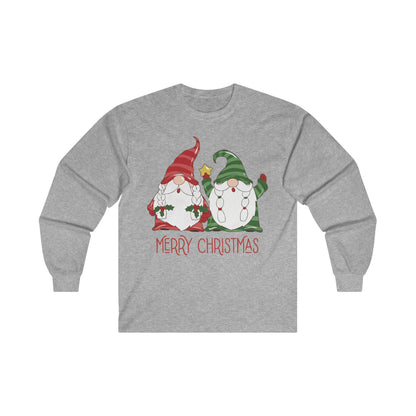 Christmas Long Sleeve T-Shirt - Gnome Merry Christmas - Cute Christmas Shirts - Youth and Adult Christmas Long Sleeve TShirts Long Sleeve T-Shirts Graphic Avenue Light Gray Adult Small 