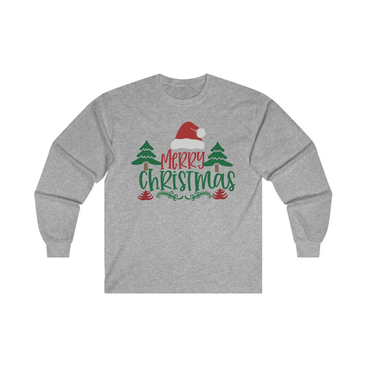 Christmas Long Sleeve T-Shirt - Merry Christmas - Cute Christmas Shirts - Youth and Adult Christmas Long Sleeve TShirts Long Sleeve T-Shirts Graphic Avenue Light Gray Adult Small 