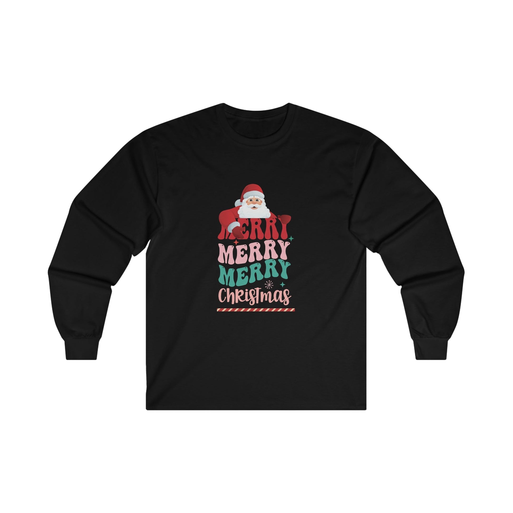 Christmas Long Sleeve T-Shirt - Merry Merry Merry Christmas - Cute Christmas Shirts - Youth and Adult Christmas Long Sleeve TShirts Long Sleeve T-Shirts Graphic Avenue Black Adult Small 