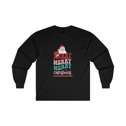 Christmas Long Sleeve T-Shirt - Merry Merry Merry Christmas - Cute Christmas Shirts - Youth and Adult Christmas Long Sleeve TShirts Long Sleeve T-Shirts Graphic Avenue Black Adult Small 