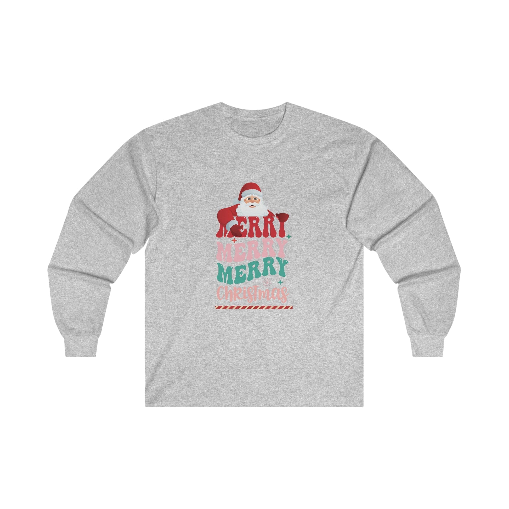 Christmas Long Sleeve T-Shirt - Merry Merry Merry Christmas - Cute Christmas Shirts - Youth and Adult Christmas Long Sleeve TShirts Long Sleeve T-Shirts Graphic Avenue Light Gray Adult Small 