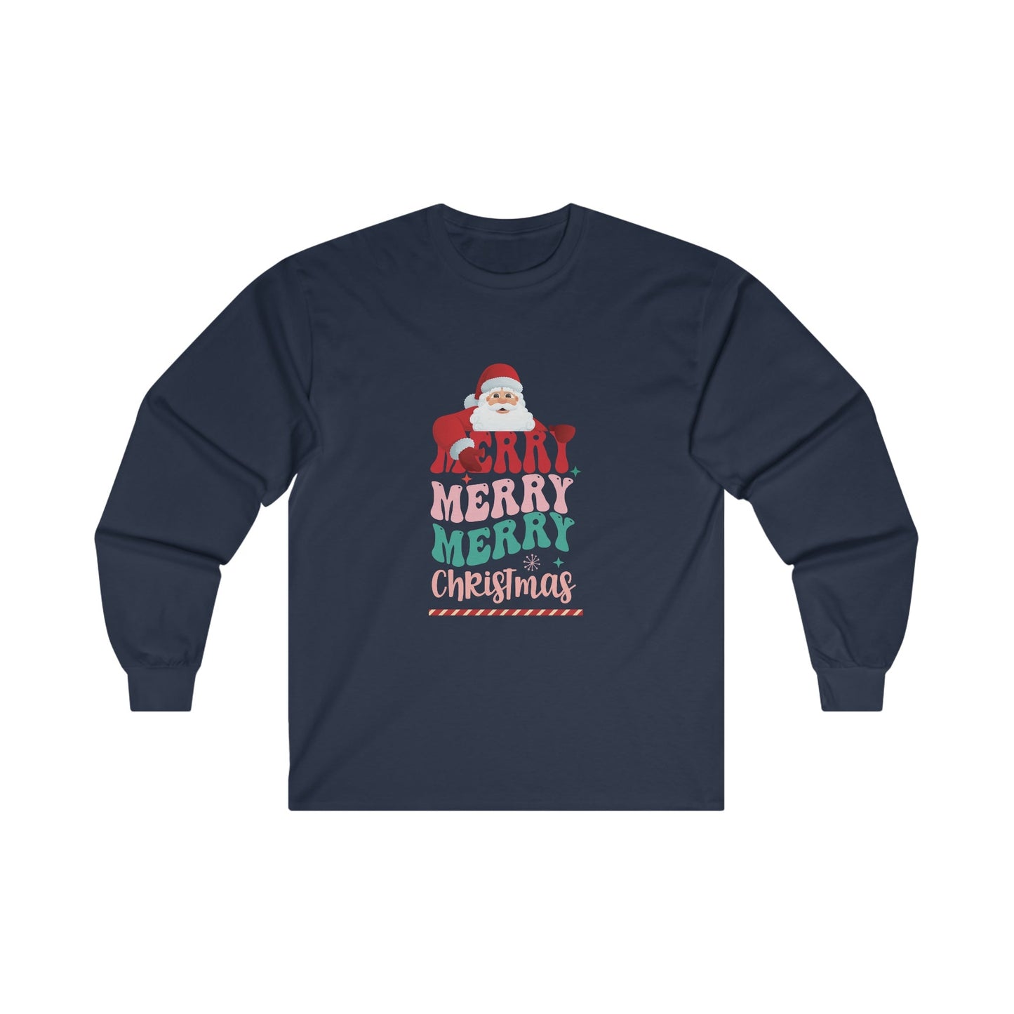Christmas Long Sleeve T-Shirt - Merry Merry Merry Christmas - Cute Christmas Shirts - Youth and Adult Christmas Long Sleeve TShirts Long Sleeve T-Shirts Graphic Avenue Navy Adult Small 