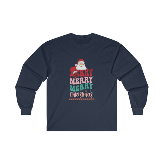 Christmas Long Sleeve T-Shirt - Merry Merry Merry Christmas - Cute Christmas Shirts - Youth and Adult Christmas Long Sleeve TShirts Long Sleeve T-Shirts Graphic Avenue Navy Adult Small 