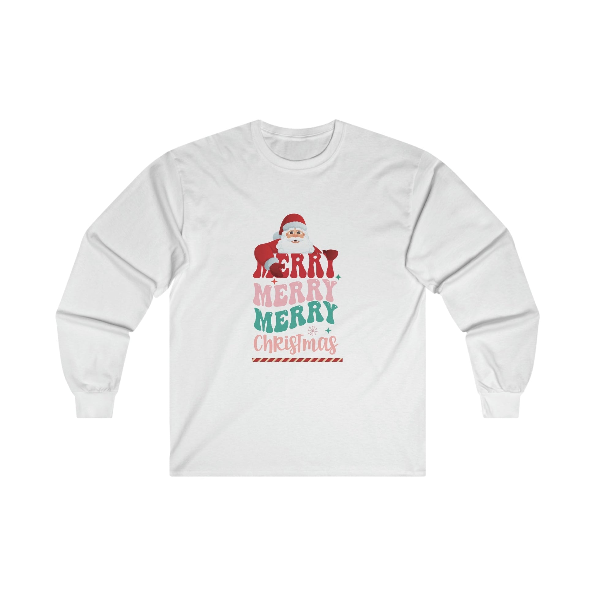 Christmas Long Sleeve T-Shirt - Merry Merry Merry Christmas - Cute Christmas Shirts - Youth and Adult Christmas Long Sleeve TShirts Long Sleeve T-Shirts Graphic Avenue White Adult Small 