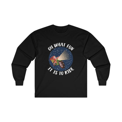 Christmas Long Sleeve T-Shirt - Oh What Fun It Is To Ride - Mens and Boys Christmas Shirts - Youth and Adult Christmas Long Sleeve TShirts Long Sleeve T-Shirts Graphic Avenue Black Adult Small 