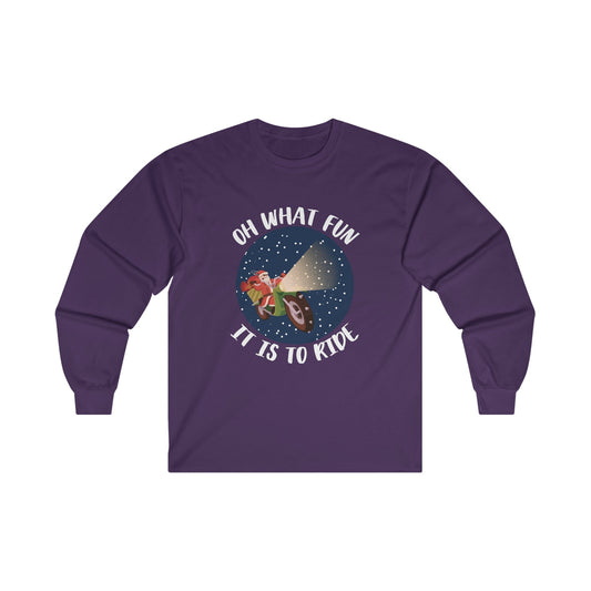 Christmas Long Sleeve T-Shirt - Oh What Fun It Is To Ride - Mens and Boys Christmas Shirts - Youth and Adult Christmas Long Sleeve TShirts Long Sleeve T-Shirts Graphic Avenue Purple Adult Small 