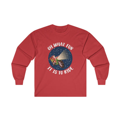 Christmas Long Sleeve T-Shirt - Oh What Fun It Is To Ride - Mens and Boys Christmas Shirts - Youth and Adult Christmas Long Sleeve TShirts Long Sleeve T-Shirts Graphic Avenue Red Adult Small 
