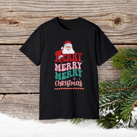 Christmas T-Shirt - Merry Merry Merry Christmas - Cute Christmas Shirts - Youth and Adult Christmas TShirts T-Shirts Graphic Avenue Black Adult Small 
