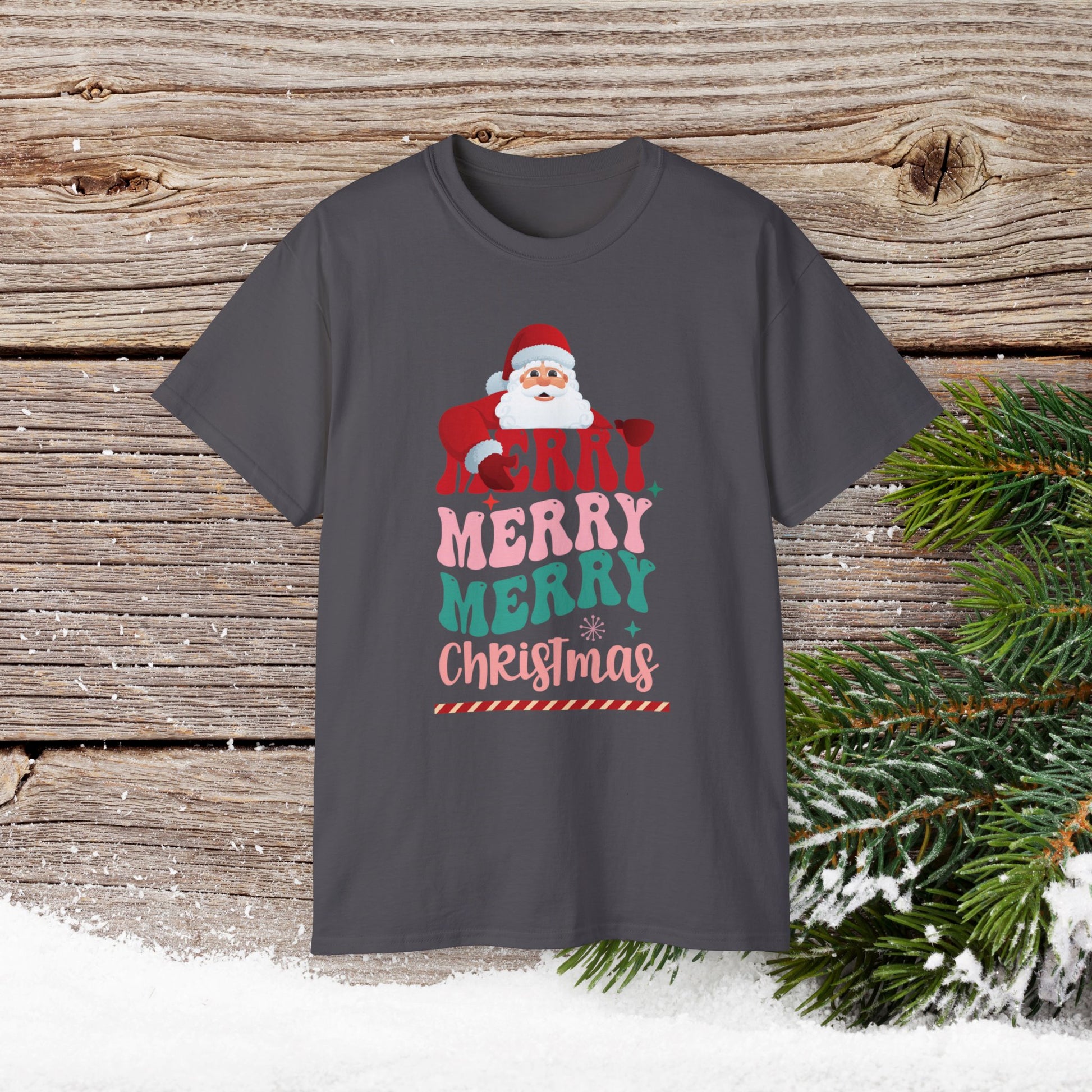 Christmas T-Shirt - Merry Merry Merry Christmas - Cute Christmas Shirts - Youth and Adult Christmas TShirts T-Shirts Graphic Avenue Charcoal Adult Small 