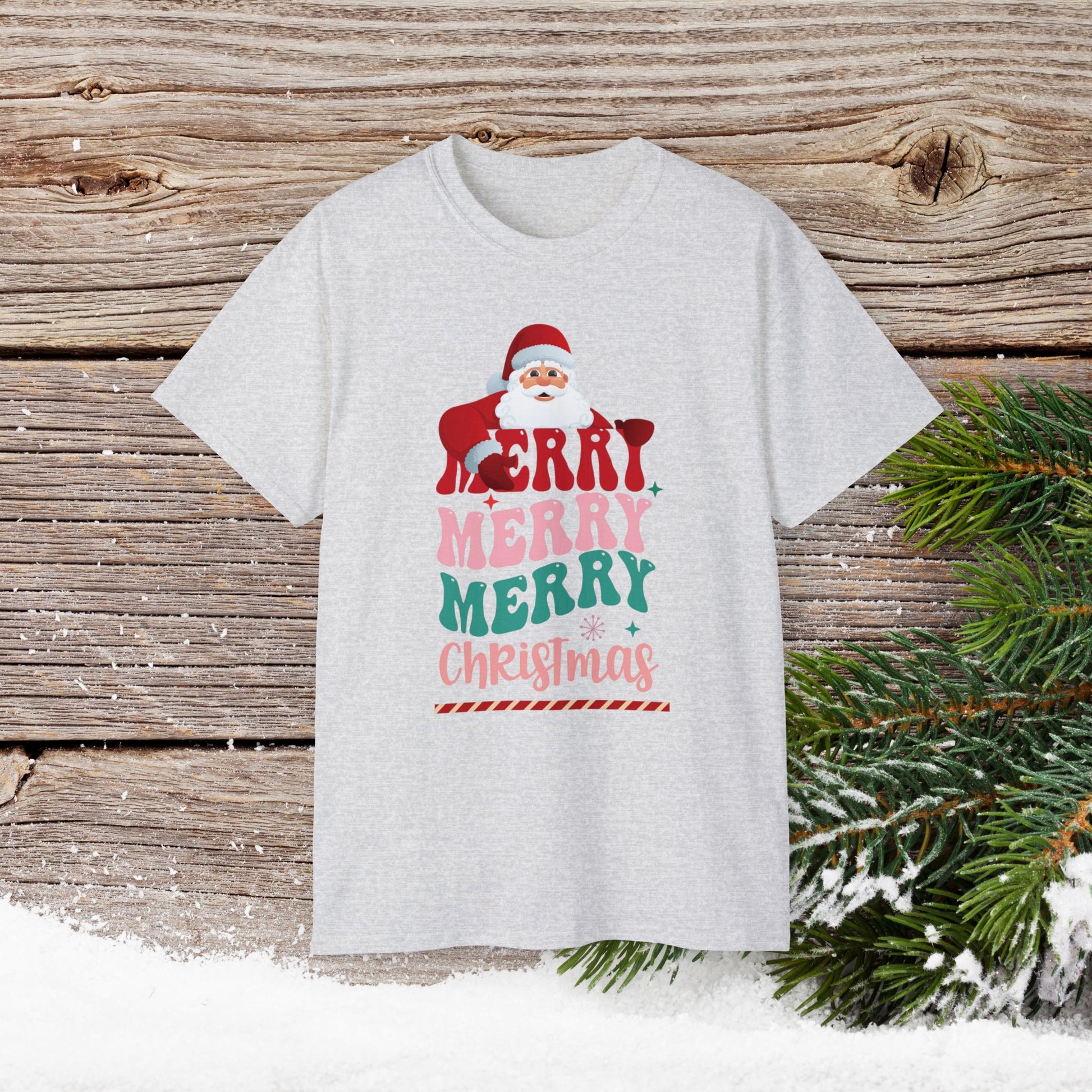 Christmas T-Shirt - Merry Merry Merry Christmas - Cute Christmas Shirts - Youth and Adult Christmas TShirts T-Shirts Graphic Avenue Light Gray Adult Small 
