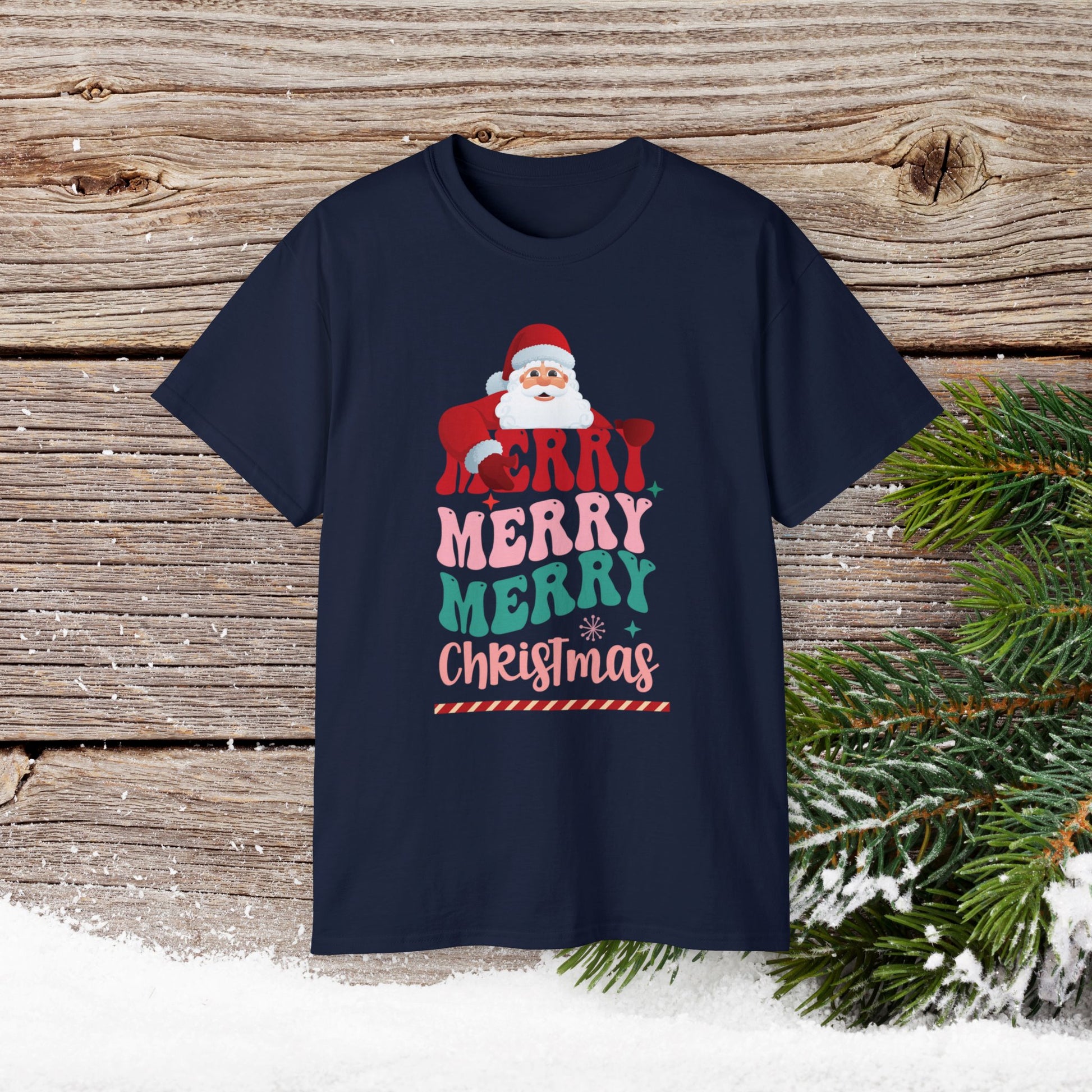Christmas T-Shirt - Merry Merry Merry Christmas - Cute Christmas Shirts - Youth and Adult Christmas TShirts T-Shirts Graphic Avenue Navy Adult Small 