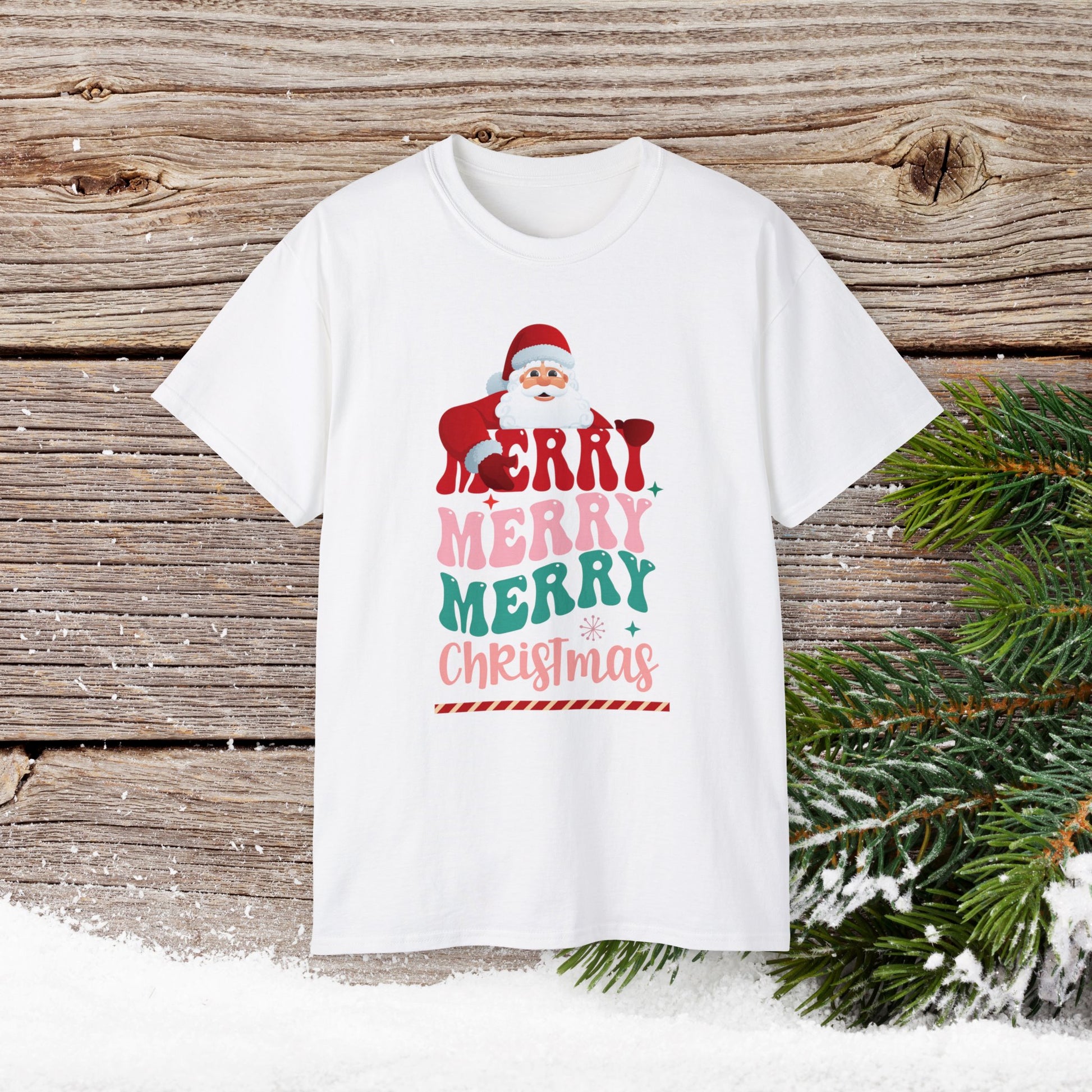 Christmas T-Shirt - Merry Merry Merry Christmas - Cute Christmas Shirts - Youth and Adult Christmas TShirts T-Shirts Graphic Avenue White Adult Small 
