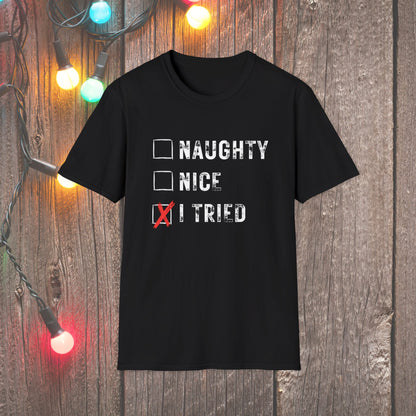 Christmas T-Shirt - Naughty Nice I Tried - Mens Christmas Shirts - Youth and Adult Christmas TShirts T-Shirts Graphic Avenue Black Adult Small 