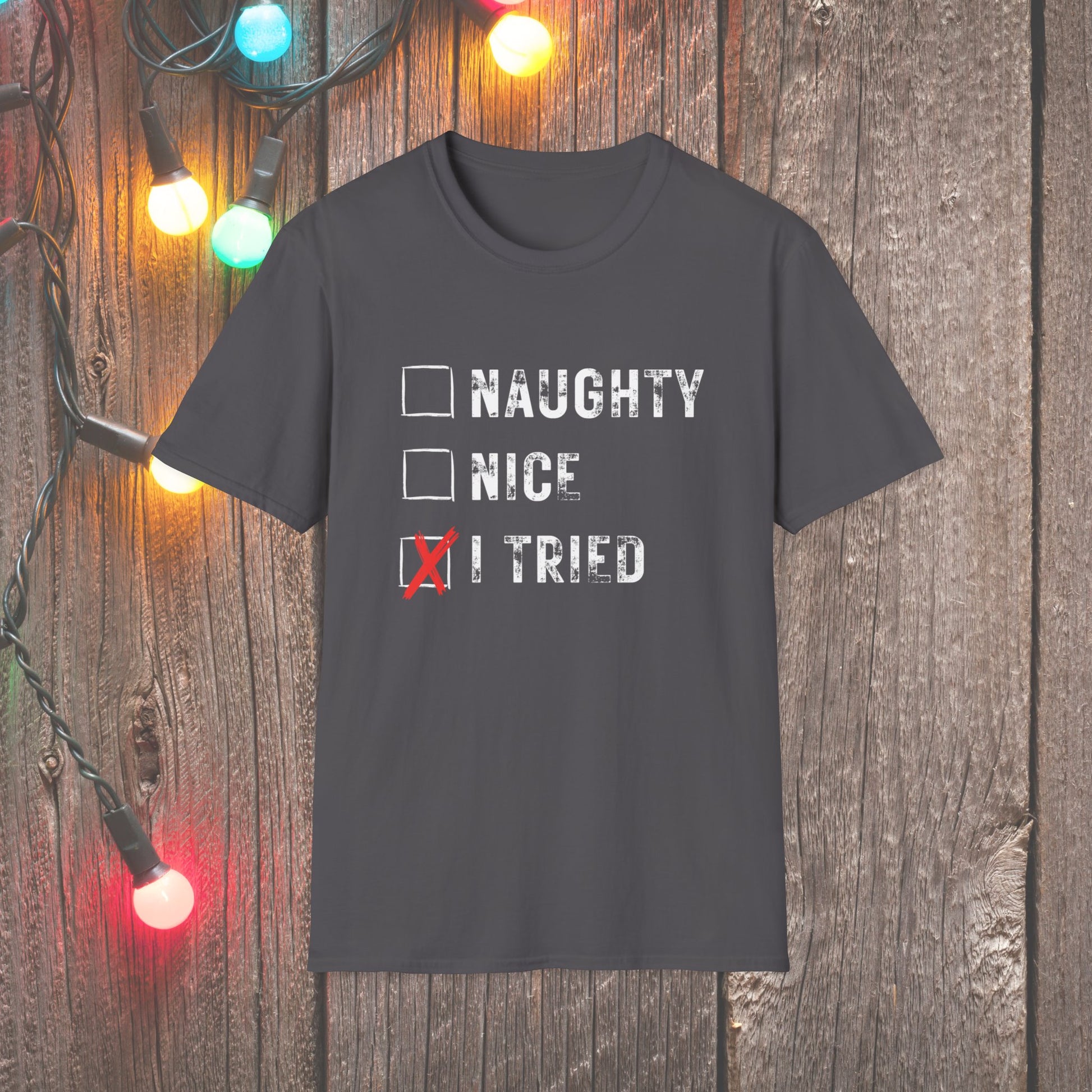 Christmas T-Shirt - Naughty Nice I Tried - Mens Christmas Shirts - Youth and Adult Christmas TShirts T-Shirts Graphic Avenue Charcoal Adult Small 
