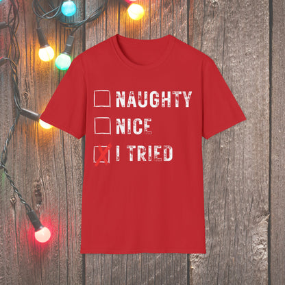 Christmas T-Shirt - Naughty Nice I Tried - Mens Christmas Shirts - Youth and Adult Christmas TShirts T-Shirts Graphic Avenue Red Adult Small 