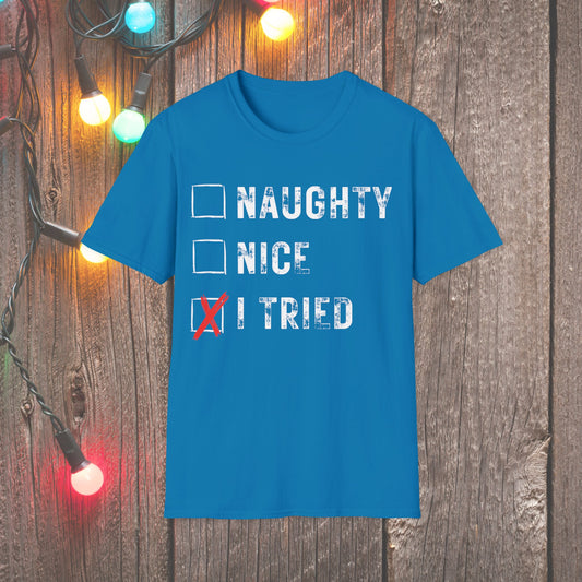 Christmas T-Shirt - Naughty Nice I Tried - Mens Christmas Shirts - Youth and Adult Christmas TShirts T-Shirts Graphic Avenue Sapphire Adult Small 