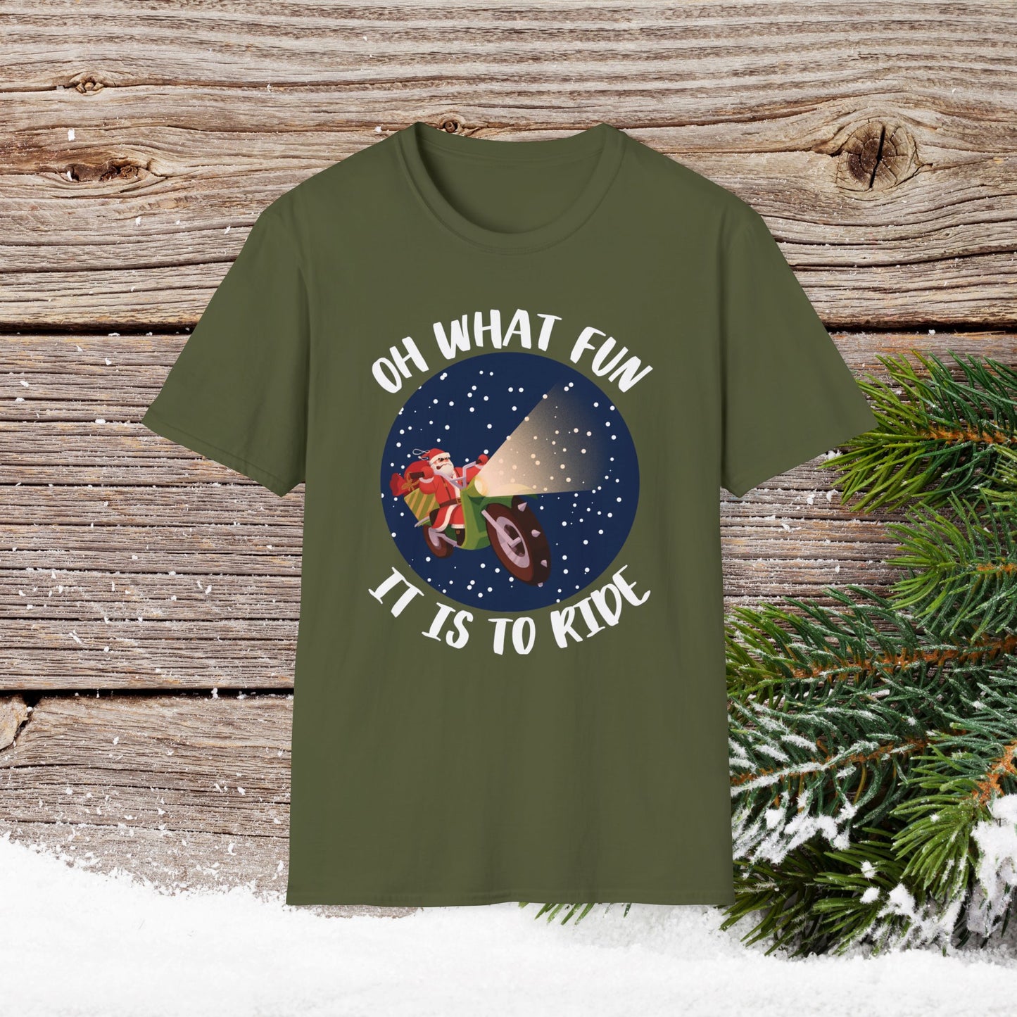Christmas T-Shirt - Oh What Fun It Is To Ride - Mens anc Boys Christmas Shirts - Youth and Adult Christmas TShirts T-Shirts Graphic Avenue Military Green Adult Small 