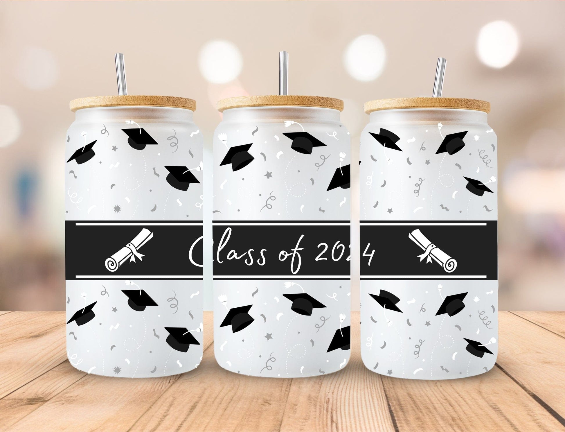 Class of 2024 - Senior - Graduation - 16oz Frosted Glass with Bamboo Lid Cup - 2 Designs to Choose From 16oz Glass Tumbler Graphic Avenue Class of 2024 