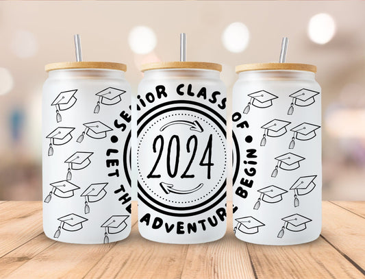 Class of 2024 - Senior - Graduation - 16oz Frosted Glass with Bamboo Lid Cup - 2 Designs to Choose From 16oz Glass Tumbler Graphic Avenue Senior 2024 Adventure 