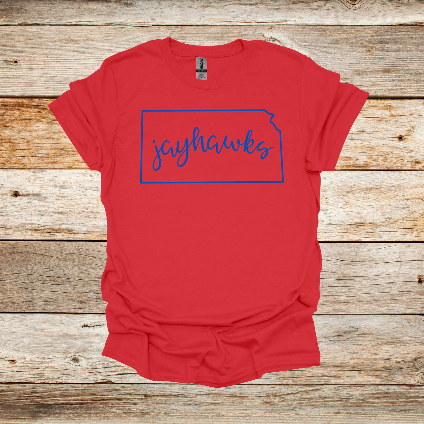 College T Shirt - Kansas Jayhawks - State Outline - Adult and Children's Tee Shirts T-Shirts Graphic Avenue Red Adult Small 