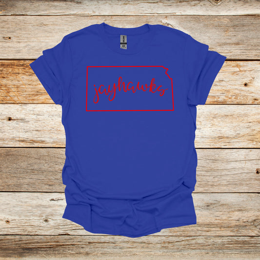 College T Shirt - Kansas Jayhawks - State Outline - Adult and Children's Tee Shirts T-Shirts Graphic Avenue Royal Adult Small 