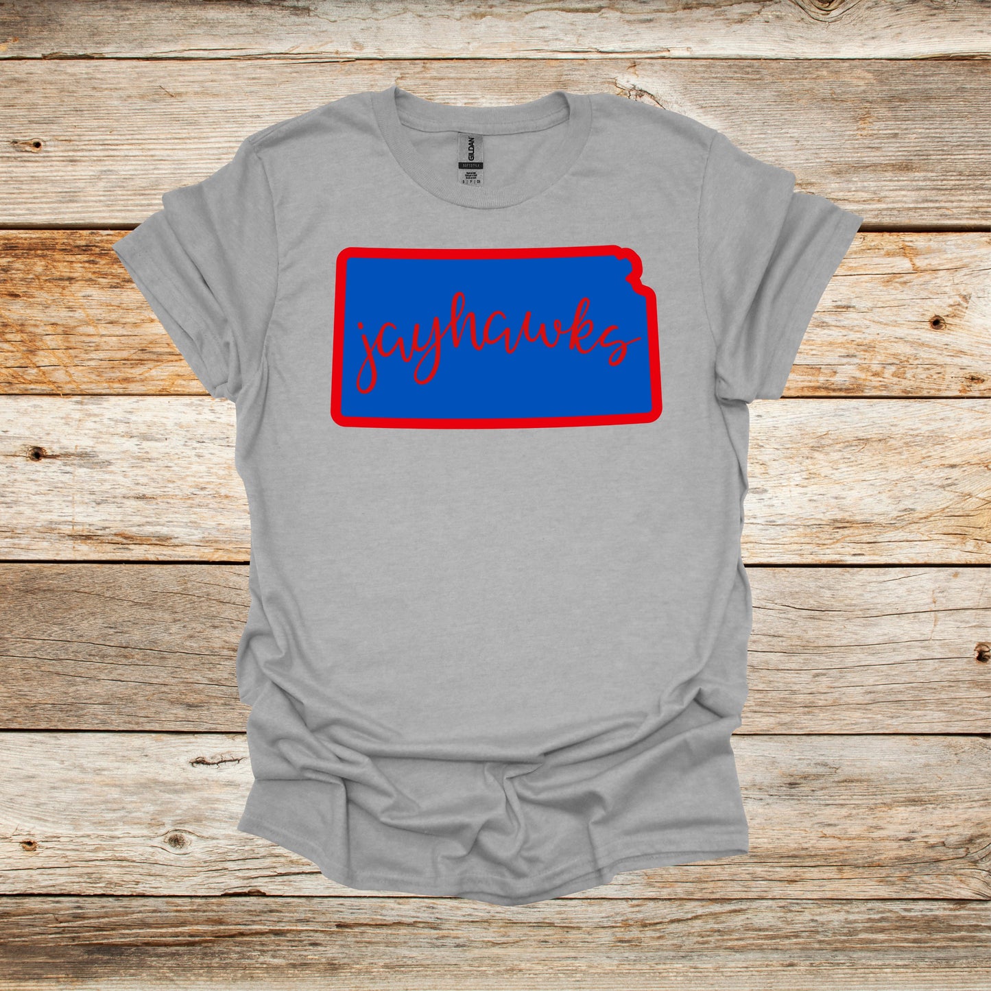 College T Shirt - Kansas Jayhawks - State Outline - Adult and Children's Tee Shirts T-Shirts Graphic Avenue Sport Grey Adult Small 