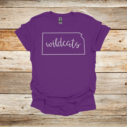 College T Shirt - Kansas State Wildcats - State Outline - Adult and Children's Tee Shirts T-Shirts Graphic Avenue Purple Adult Small 