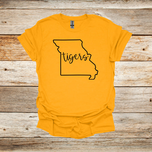 College T Shirt - Missouri Tigers - State Outline - Adult and Children's Tee Shirts T-Shirts Graphic Avenue Gold Adult Small 