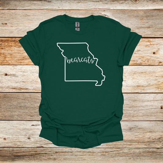 College T Shirt - Northwest Missouri State University Bearcats - State Outline - Adult and Children's Tee Shirts T-Shirts Graphic Avenue Forest Green Adult Small 