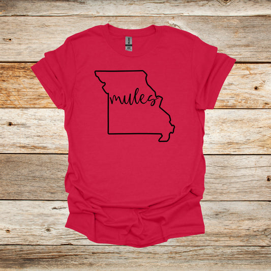 College T Shirt - University of Central Missouri Mules - State Outline - Adult and Children's Tee Shirts T-Shirts Graphic Avenue Cherry Red Adult Small 