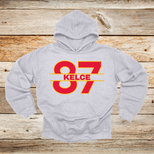 Football Crewneck and Hooded Sweatshirt - Chiefs Football - 87 Kelce - Adult and Children's Tee Shirts - Sports Hooded Sweatshirt Graphic Avenue Hooded Sweatshirt Sport Grey Adult Small