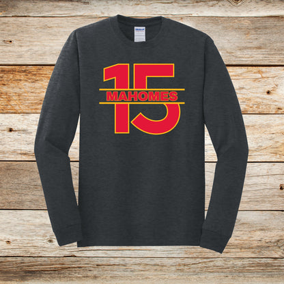 Football Long Sleeve T-Shirt - Chiefs Football - 15 Mahomes - Adult and Children's Tee Shirts - Sports Long Sleeve T-Shirts Graphic Avenue Dark Heather Adult Small 