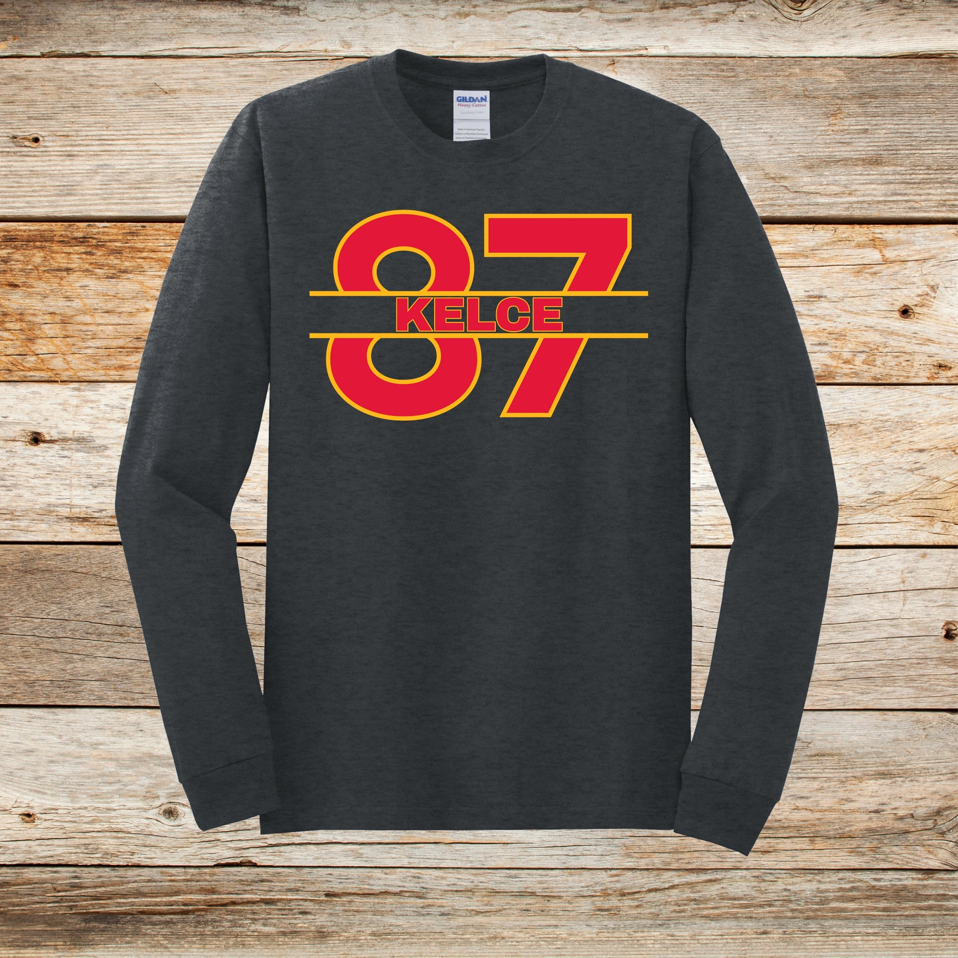 Football Long Sleeve T-Shirt - Chiefs Football - 87 Kelce - Adult and Children's Tee Shirts - Sports Long Sleeve T-Shirts Graphic Avenue Dark Heather Adult Small 