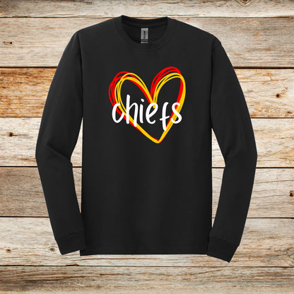 Football Long Sleeve T-Shirt - Chiefs Football - Adult and Children's Tee Shirts - Sports Long Sleeve T-Shirts Graphic Avenue Black Adult Small 