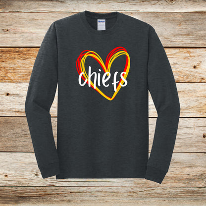 Football Long Sleeve T-Shirt - Chiefs Football - Adult and Children's Tee Shirts - Sports Long Sleeve T-Shirts Graphic Avenue Dark Heather Adult Small 