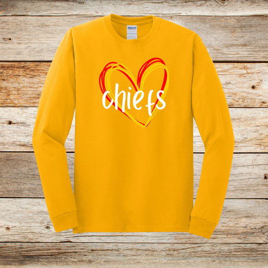 Football Long Sleeve T-Shirt - Chiefs Football - Adult and Children's Tee Shirts - Sports Long Sleeve T-Shirts Graphic Avenue Gold Adult Small 
