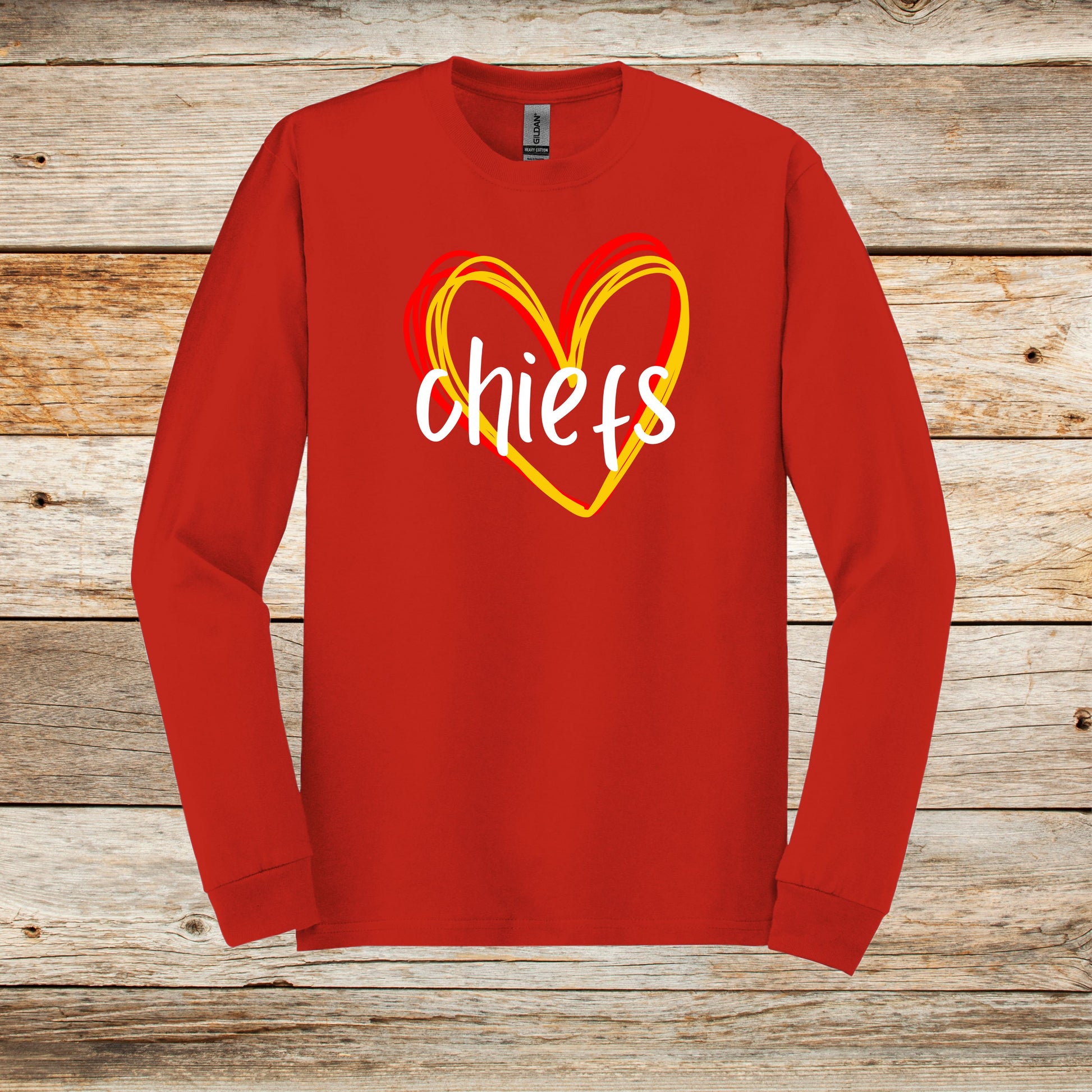 Football Long Sleeve T-Shirt - Chiefs Football - Adult and Children's Tee Shirts - Sports Long Sleeve T-Shirts Graphic Avenue Red Adult Small 