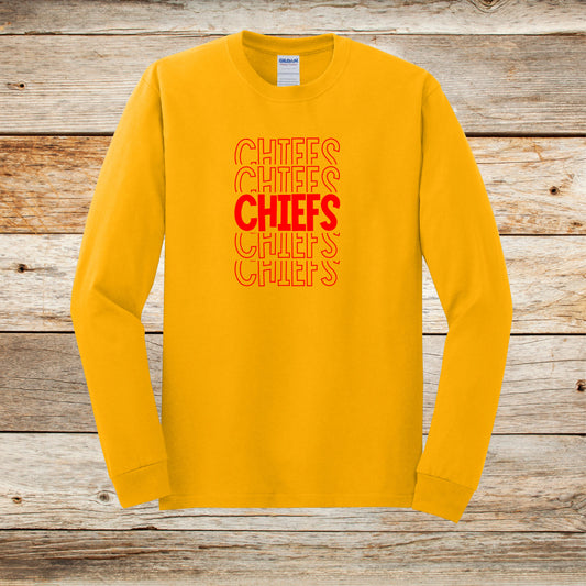 Football Long Sleeve T-Shirt - Chiefs Football - Chiefs - Adult and Children's Tee Shirts - Sports Long Sleeve T-Shirts Graphic Avenue Gold Adult Small 