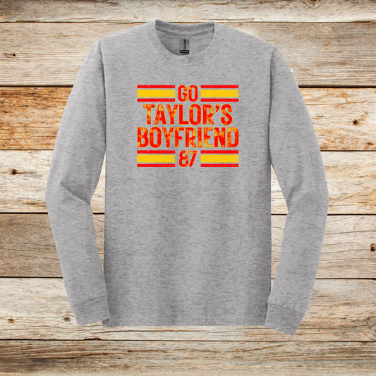 Football Long Sleeve T-Shirt - Kansas City Chiefs Football - Go Taylor's Boyfriend - Adult and Children's Tee Shirts - Sports Long Sleeve T-Shirts Graphic Avenue Sport Grey Adult Small 
