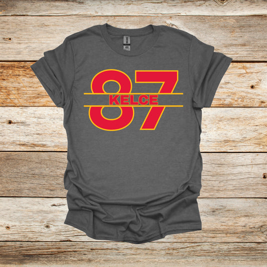 Football T-Shirt - Chiefs Football - 87 Kelce - Adult and Children's Tee Shirts - Sports T-Shirts Graphic Avenue Graphite Heather Adult Small 