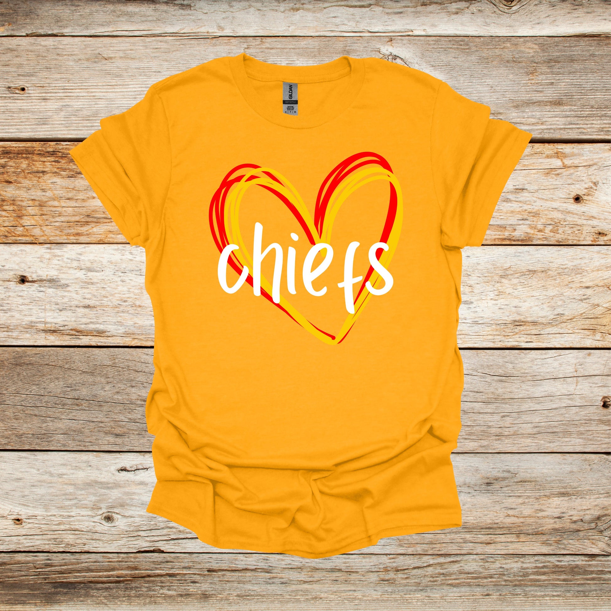 Football T-Shirt - Kansas City Chiefs - Adult and Children's Tee Shirts - Sports T-Shirts Graphic Avenue Gold Adult Small 