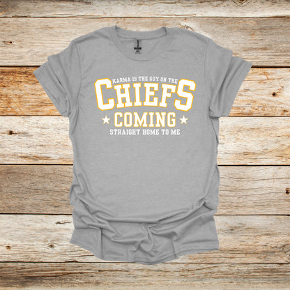 Football T-Shirt - Karma is the Guy - Chiefs Football - Adult and Children's Tee Shirts - Sports T-Shirts Graphic Avenue Sport Grey Adult Small 