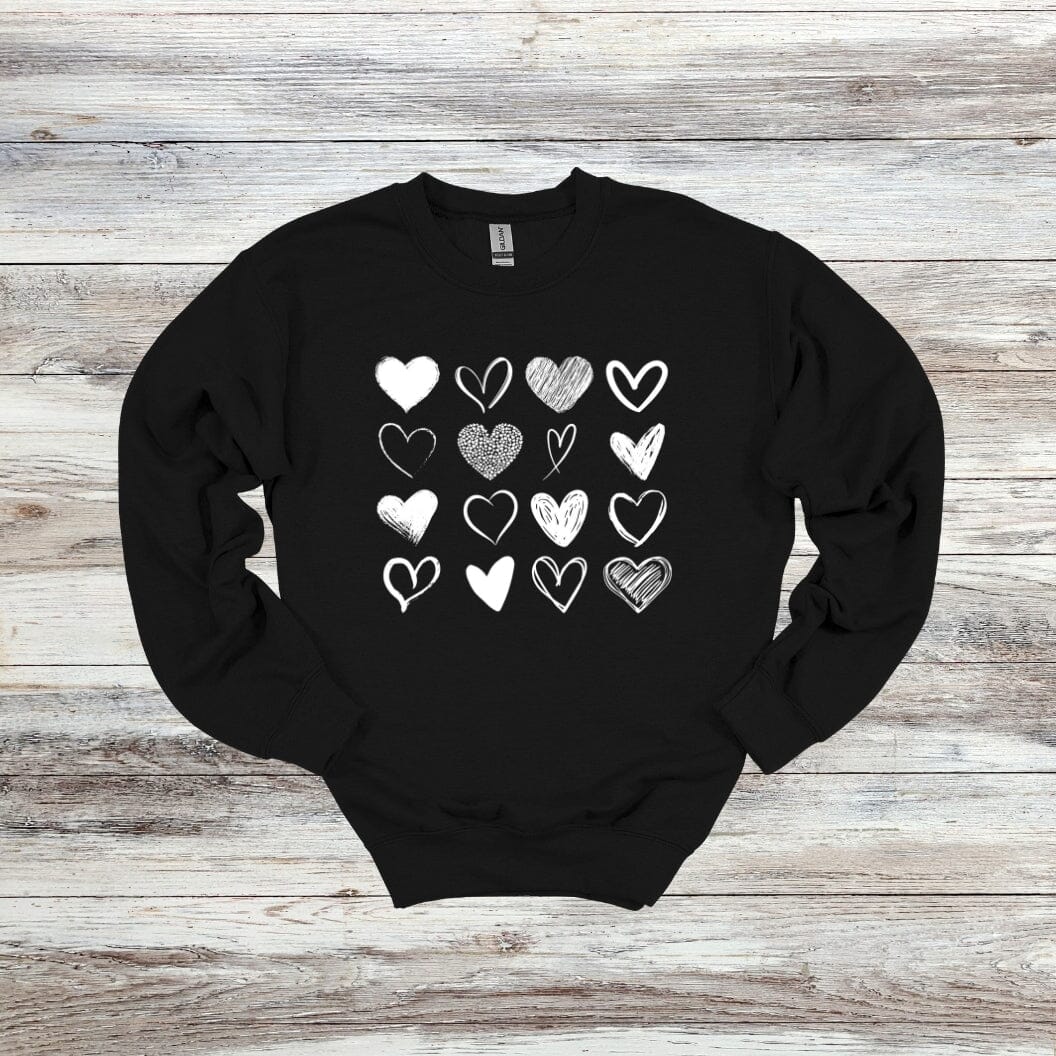 Hearts - Valentines Day - 2024 - Adult and Youth Crewneck Sweatshirts and Tee Shirts Crewneck Sweatshirt Graphic Avenue Crewneck Sweatshirt Black Adult Small