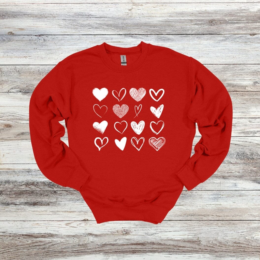 Hearts - Valentines Day - 2024 - Adult and Youth Crewneck Sweatshirts and Tee Shirts Crewneck Sweatshirt Graphic Avenue Crewneck Sweatshirt Red Adult Small