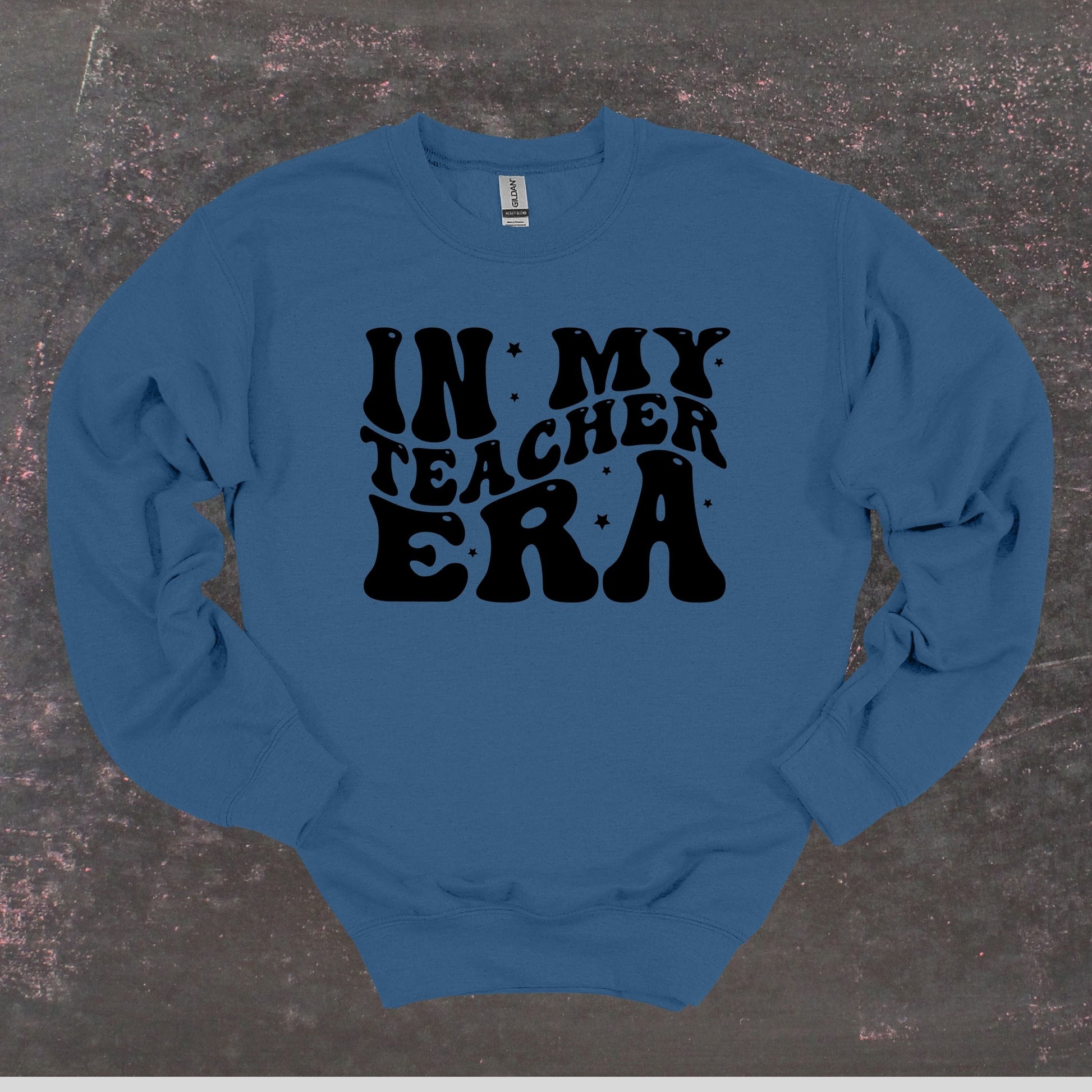 In My Teacher Era - Teacher Crewneck Sweatshirt - Adult Sweatshirts Crewneck Sweatshirt Graphic Avenue Indigo Blue Adult Small 
