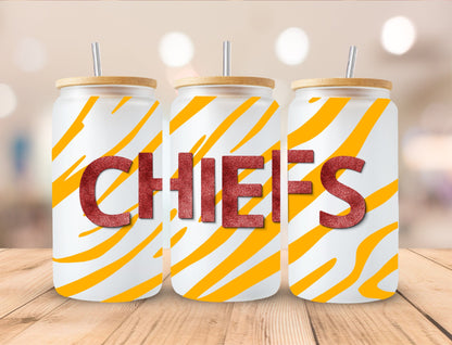 Kansas City Chiefs 16oz Frosted Glass with Bamboo Lid Cup - 4 Designs to Choose From 16oz Glass Tumbler Graphic Avenue Chiefs Stripes 