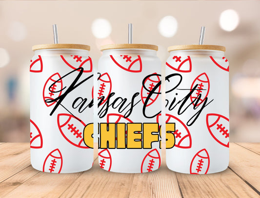 Kansas City Chiefs 16oz Frosted Glass with Bamboo Lid Cup - 4 Designs to Choose From 16oz Glass Tumbler Graphic Avenue Kansas City Chiefs Football 