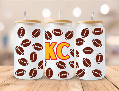 Kansas City Chiefs 16oz Frosted Glass with Bamboo Lid Cup - 4 Designs to Choose From 16oz Glass Tumbler Graphic Avenue KC Footballs 